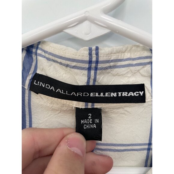 Linda Allard Ellen Tracy Plaid Button Front Shirt Size 2 Silk White Blue Preppy - Picture 3 of 6